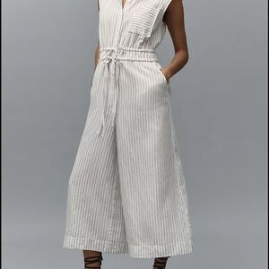 Maeve Anthropologie Crop White Black Striped Shirting Wide Leg Jumpsuit SZ Small